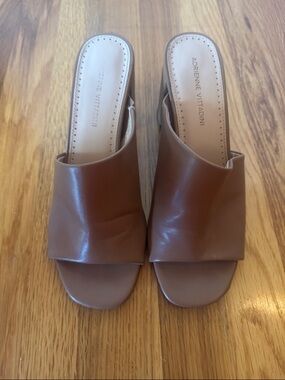 Adrienne Vittadini Cognac Faux Leather Block Heel Sandals